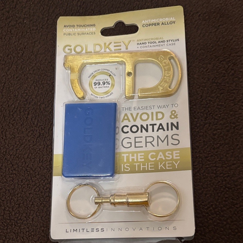 Antimicrobial Copper Alloy Keychain Tool - Gold with blue case